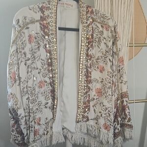 Free People Sequin Floral Kimono in Cream and Brown